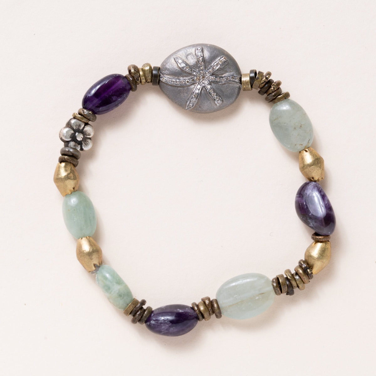 Aquamarine, Amethyst, Tibetan Silver, African Brass with Silver & Diamond Bead