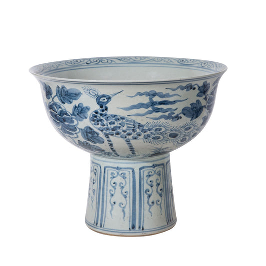 Yuan Blue And White Crane Mortif Serving Bowl Tall Base